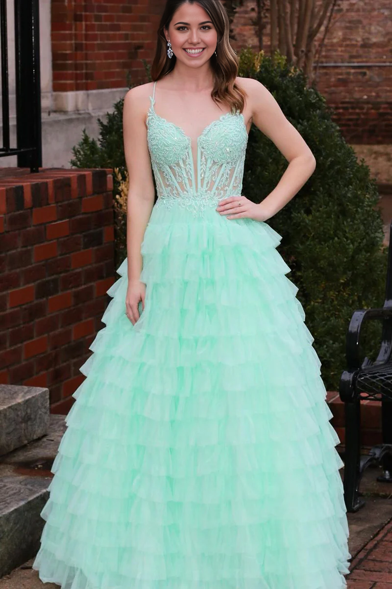 A Line Cute V Neck Mint Tulle Tiered Prom Dress